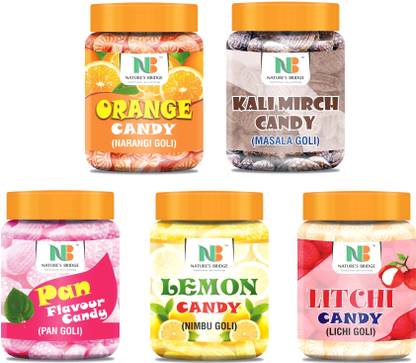 Nature's Bridge Sweet Hard Candy (Orange, Pan, Kalimirch Masala Lemon Litchi Flavour) Combo Jar Pack of 5 each 400 Gm / Orange Candy / Pan Candy / Kalimrich Masala Candy Lemon Candy Litchi candy Orange, Pan, Masala, Lemon, Litchi Candy