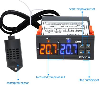 electrolight STC-3028 AC110-220V Dual Display Temperature and Humidity Controller Adjustable Temperature Controller With 1M Cable Temperature Sensor and Controller Electronic Hobby Kit