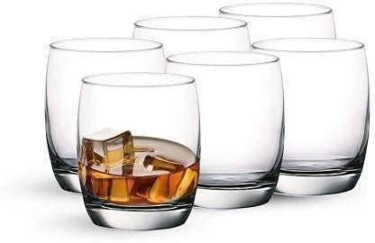 vetreo (Pack of 6) 310 ML Imported Fancy Designer Scotch Glass with Stunning Bottom Design for Multipurpose Use for Whiskey, Scotch, Cold Drink, Welcome Drink and etc., Set of 06 Glass Set Whisky Glass