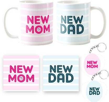 Souvenir Connect New Mom New Dad Gift Combo ( mug, keychian, coaster) Ceramic Coffee Mug