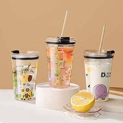 NXTMET Design Glass with Lid and Straw Tumbler Clear Lid with Scale Straw for Multiple Usage Glass (Printed Tumbler Glass with Straw, 450( pack of 3) Glass Coffee Mug