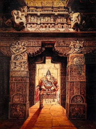 Mane Art Gallery Ganesh Temple Painting High Quality Digital Print on Canvas of Original Art painting work Digital Reprint 24 inch x 18 inch Painting