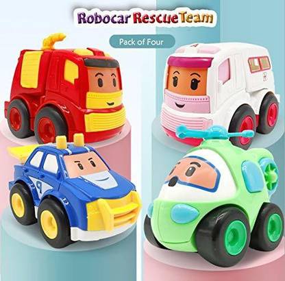 SVE Unbreakable Premium Pull Back Power Friction Robocar Rescue Team, Push and Go Robocar Rescue Team with 4 Different Cars – Fire Truck, Ambulance, Helicopter, Police Car Toy For Kids