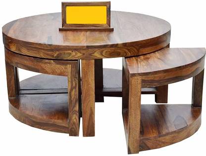 SarCraft Wooden Round Coffee Centre Table for Living Room | Outdoor Center Coffee Table | Sheesham Wood, Honey Finish Solid Wood Coffee Table