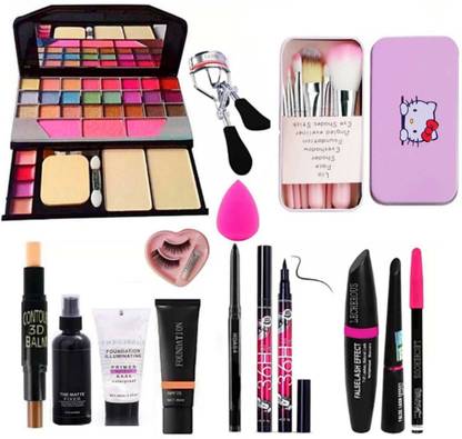 Hezruck 7pcs Makeup Brush set with TYA makeup kit 6155,3D contour stick,Primer, Fixer, high quality foundation, Kajal, Waterproof 36H Sketch eyeliner and 3in1 Combo set ,eyelashes curler and eyelashes with glue and beauty blender (Pack of 13)