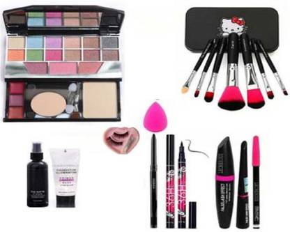 Zuen 7pcs Makeup Brush set with TYA makeup kit 5024,Primer, Fixer, high quality Kajal, Waterproof 36H Sketch eyeliner and 3in1 Combo set ,eyelasheswith glue and beauty blender