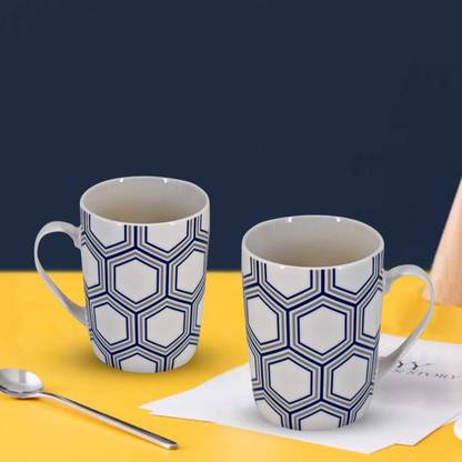 Kookee Ceramic Coffee, Hxagon Shape, Blue - 325ml (R4970) (Set of 2) Ceramic Coffee Mug