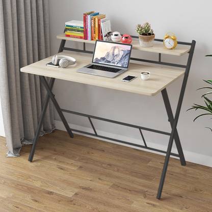 KAWACHI 2-Tier Small Computer Desk with Shelf Space Saving Foldable Table for Small Spaces Engineered Wood Study Table