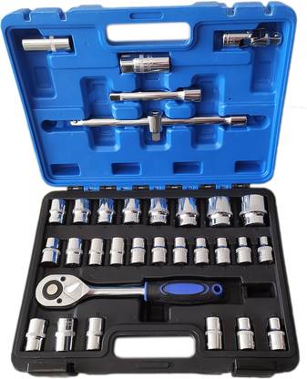 Inditrust 32pcs/set Heavy duty ½” Rachet Professional Wrench Socket Set Hardware Car Boat Motorcycle Repairing Tools Kit Multitool Hand Tools Car-Styling with Plastic Toolbox Storage Case Socket Set
