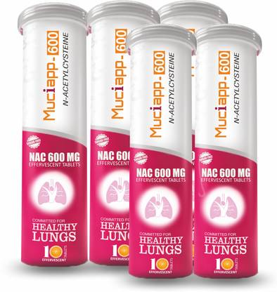 Muciapp NAC Supplement (NAC-600 MG) Effervescent Tablets - Antioxidant for Lungs-Pack of 5