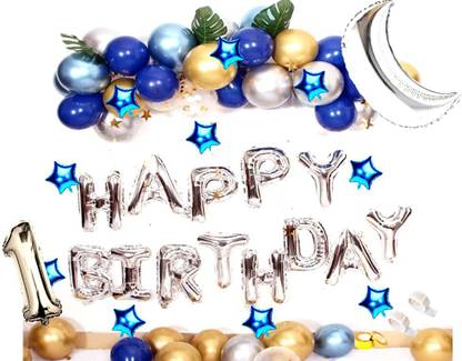 SV Traders Solid 1st Happy Birthday Decoration Blue Silver Theme Kids Favorite For Girls/Boys/Kids Combo 82 Pcs-Silver Foil HBD(13)+Silver Foil Moon 30 Inches(1)+Foil Blue Star 5 Inches(10)+1 No. Silver Foil 16 Inches(1)+Golden Confetti Balloons(4)+Metallic HD Balloons Silver(20)+Blue(20)+Golden(20)+Balloon Glue Dots 100+Balloon Garland Arch(1)+Balloon Curling Ribbon(1) Balloon