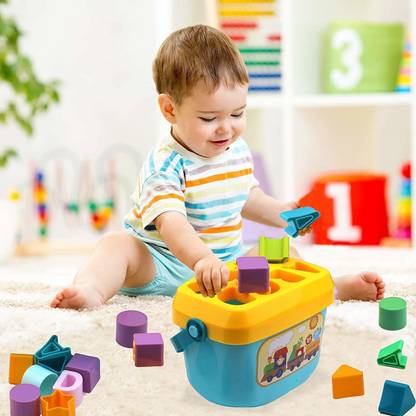 KGINT Baby's First Shape Sorting Blocks Learning- Educational Activity Toys with 16 Building Blocks for 1+ Year Old Kids- Multi Color Educational Board Games