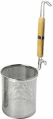 GENIYO Stainless Steel Food Strainer, Round Fryer, Colander, Frying Bucket, Strain Boiled Noodles, Fries, Pasta, Washing Fruits & Vegetable with Wooden Handle Deep Frying Basket