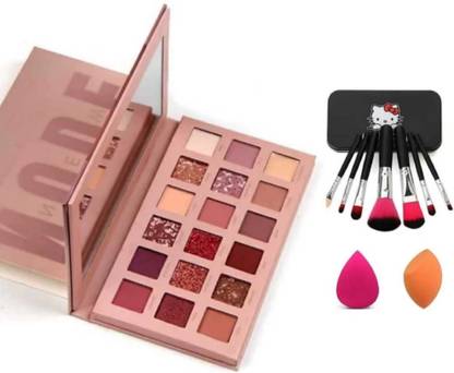 Dikyube The nude 18 multicolored eyeshadow with pack of 7 black brushes and 2 beauty puff