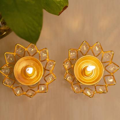 Flipkart SmartBuy Set of 2 Brass Crystal Akhand Diya | Deepak/Dia | Akhand Jyot Brass (Pack of 2) Table Diya Set