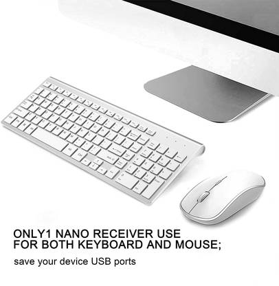 JOYACCESS Wireless Keyboard and Mouse, USB Slim Wireless Keyboard Mouse with Numeric Keypad Compatible with iMac Mac PC Laptop Tablet Computer Windows (Silver White) Wireless Standard Multi-device Keyboard
