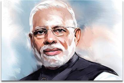 Shri Narendra Modi Painting Printed Poster Roll Printed 12inch Width 18inch Height Peel off Sticker Attach on any Smooth Surface Paper Print
