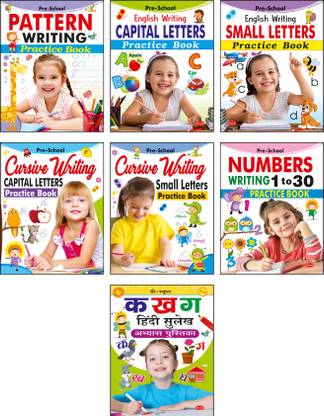 Preschool Writing Practice Book Set For Preschooler : Pack Of 7 Books : Capital Letters, Small Letters, Patterns And Numbers 1 To 30, Cursive Capital Letters, Cursive Small Letters, Hindi Sulekh | Total 240 Pages