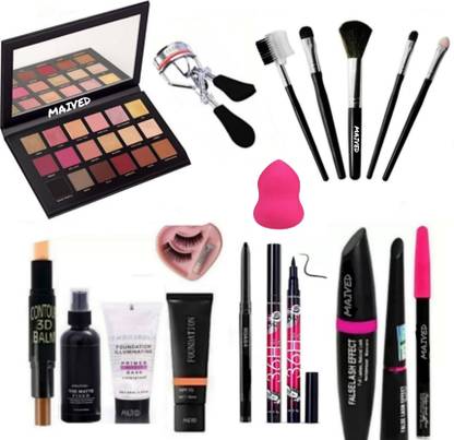 Maived 5pcs Makeup Brush set with Rosegold Remustured eyeshadow palette,3D Contour stick, Primer, Fixer, High Quality Foundation, kajal, Waterproof 36H Sketch eyeliner and 3in 1 Combo Set, Eyelashes Curler and eyelashes with Glue and Beauty Blender (Pack of 12)