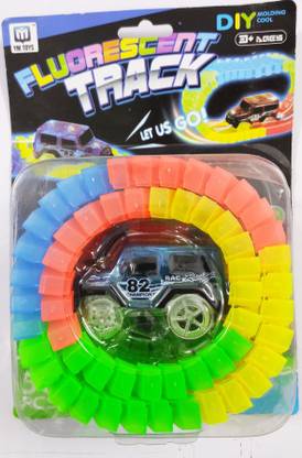 SharvilSons Plastic Magic Track Racer Car Toy Glow Race Car Set Bends, Flexes and Glows Long Flexible Tracks Car Play Set for Kids | DIY Car track Set |Florescent Racing track set for kids (56 PCS set)