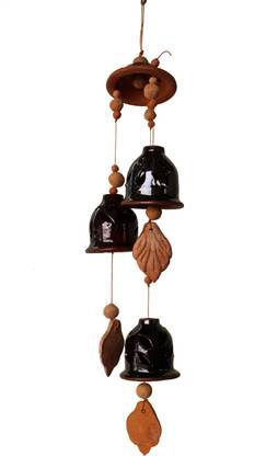 ESVAR Terracotta Ceramic Coated Black Wind Chimes With (THREE BELLS) Of Cap Design Handmade Craft With Melodious Sound Bells. Terracotta Windchime