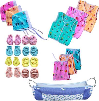 Bigbought Born Baby Cloth Set With Cap, Zhabla and Nappy (Langot), Hand Mittens (4 Pair) and Leg Booties (4 Pair) and Baby Swing Cradle Cover With Mosquito Protector Net