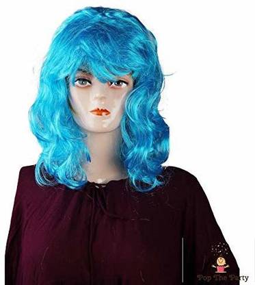 PopTheParty Curly Cosplay Costume Party Hair Anime Wigs Full Hair Wavy Wig (Blue, Long)