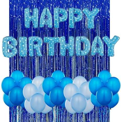 B4 Happy Birthday Decoration 45 Pc Combo, Foil Balloon, 1 Blue Curtain, 30 Blue Light Blue Balloons