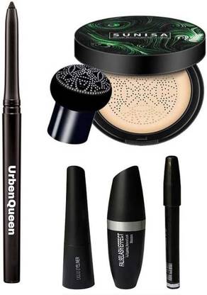 URBEN QUEEN Kajal & Eyebrow Pencil Black & Liquid EyeLiner & Mascara ( 3 in 1 ) & water beauty and air cc cream Foundation( 5 items )