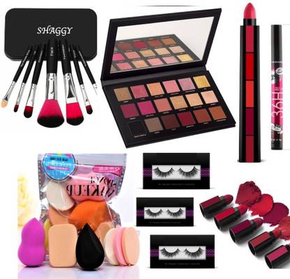 SHAGGY PROFESSIONAL FACE MAKEUP KIT 6155+ WATERPROOF KAJAL+ SET OF 7 MAKEP UP BRUSH SET INCLUDED STORAGE BOX +LONG LASTING FACE FOUNDATION CREAM WITH NUDE EDITION 5 COLOUR IN1 MATTE LOOK PUSH AND PLAY LIPSTICK AND WASHABLE BEAUTY BLENDER PUFF