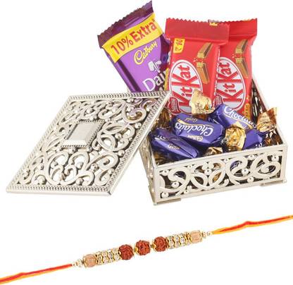 Cadbury 8 Pieces Small Golden Chocolate Box | Blessing Gift From Sister | Celebrate this Rakshabandhan with Creamy Chocolates | Chocolates with Diamond Rudraksha Rakhi | 3DRD | Rakhi Gift Hamper | 207 Combo