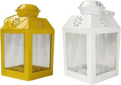 Designer International lamp\Lantern Square Hanging Lantern/Lamp with t-Light Candle, Set of 2 yellow and white Iron Table Lantern ging Lantern Square Hanging Lantern/Lamp with t-Light Candle, Set of 2 red and white Iron Table Lantern pack of 2 Yellow, White Iron Hanging Lantern