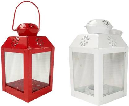 Design Crafts hanging Lantern Square Hanging Lantern/Lamp with t-Light Candle, Set of 2 red and white Iron Table Lantern pack of 2 Red, White Iron Hanging Lantern
