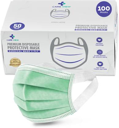 Care View 3 Ply Face Mask (Green,Pack of 100) CV2920 SFB Surgical Mask With Melt Blown Fabric Layer