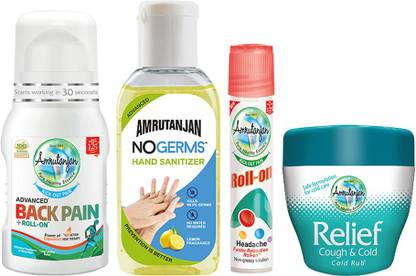 Amrutanjan TRAVEL EASY KIT- Head Roll-On 10ml, Back Pain Roll-On 50ml, Hand Sanitizer 60ml, Cough & Cold Rub 30gms