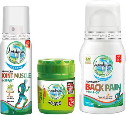 Amrutanjan KICK OUT PAIN STRONG- Strong pain balm 27.5ml, Advanced Joint Muscle Spray 30gms, Back Pain Roll-On 50ml