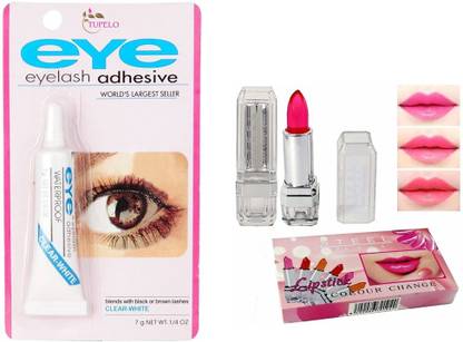 TUPELO combo pack of waterproof false eyelashes make up adhesive Eyelash glue-clear white easy to remove(pack of 1) & Stell Paris color change gel lipstick