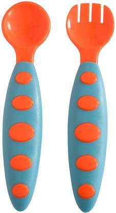 Happy Baby BPA Free Food Grade Plastic Easy Grip Spoon and Fork Set|Attractive Cutlery Set for Kids/Toddlers/Boys/Girls (Multi, Pack of 1-Set of 2 Silicone Cutlery Set