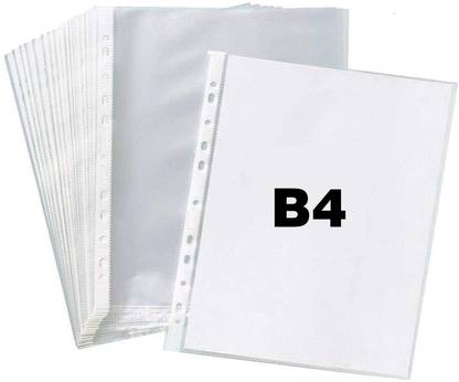 LRS Heavy Duty 100 Pcs 200 Micron Transparent Document Sleeves, Leaf Sheet Clear Certificates/Waterproof Sheet Protectors 11 Holes Punched Ring Files Folder (B4 Size) (100 Sheets - 200 Micron) File Folder