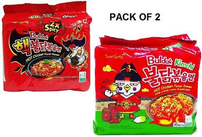 Samyang 2X Spicy Hot Chicken Flavor Ramen Fire Chicken 5X 140 gm &Buldak Kimchi 5X135gm (Imported ) (Combo pack)Pack of 2 Combo Combo