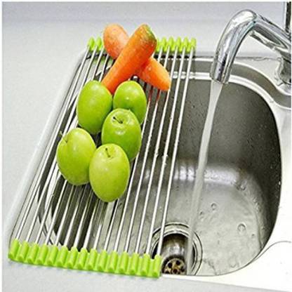 EBOFAB Dish Drainer Kitchen Rack Carbon Steel Foldable Stainless Steel Drain Rack / Kitchen Sink Roll up Dish Drying Rack / Portable Dish Drainer Rack for Crockery, Utensils, Fruits, Vegetables, Etc. (Multi-Colour)