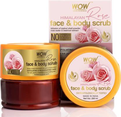 WOW SKIN SCIENCE Himalayan Rose Face & Body Scrub - with Rose Water & Beetroot Extract - No Parabens, Sulphates, Silicones & Synthetic Color - 200mL Scrub