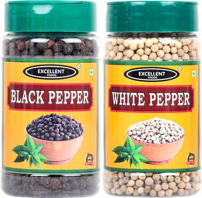 Excellent Foods Set of Whole Black Pepper & White Pepper - 100 Grams * 2 Pack Premium Quality