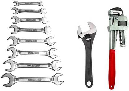 DHATRI TOOLS DOE Spanner Set of 8 Pcs With Rack (6x7,?8x9,10x11,12x13,14x15,16x17,18x19,20x22 ),8 INCH ADJUSTABLE 10 INCH PIPE WRENCH Double Sided Open End Wrench