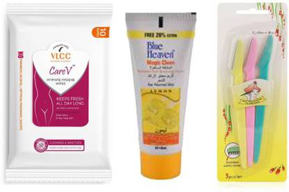 VLCC CAREV INTIMATE HYGIENE WIPES, Magic Clean Perfumed Hair Removing Cream with 3 Pcs Set Hair Removal Razor by Janvi Enterprises