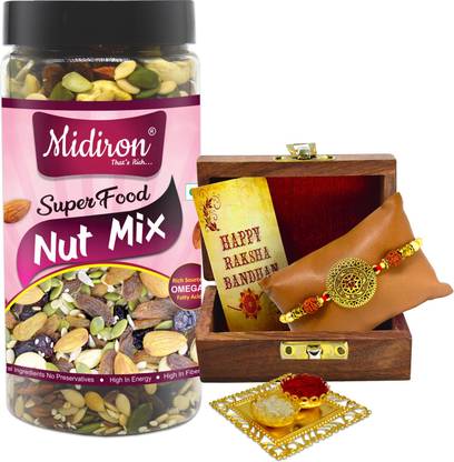 Midiron Rakhi Gifts for Brother, Rakhi Healthy Gifts, Rakhi For Brother, Rakhi with nut mix, Designer Peacock Rakhi, Rakhi gift set ( Nut Mix 250 g) Plastic Gift Box