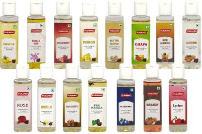 PURAMIO Chocolate Oil Flavour , 30ml each (Pack of 15)- (Brandi, Guava, Lychee, Rose, Rum, Vanilla, Whisky, Blueberry, Pan Masala, Almond, Pineapple, Bubble Gum, Strawberry, Mango, Butterscotch) Mixed Fruit Liquid Food Essence