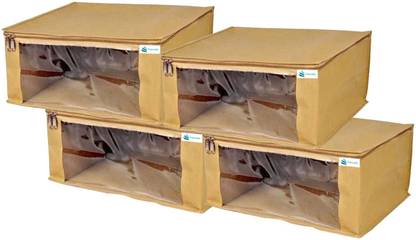 Unicrafts Saree Cover Non Woven Sari Storage Bags with a Large Transparent Window for Clothes Wardrobe Organizer Extra Large Saree Organizer Combo Pack of 4 Pc Beige Large_Saree_Beige04
