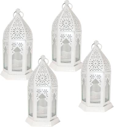 Designer International Lantern Hanging Lantern/Lamp with t-Light Candle, SET OF 4 White Iron Hanging Lantern (Pack of 4) White Iron Hanging Lantern