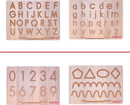 LICHEE 4 IN 2 Combo English Alphabet, Number and Patten Board|Capital Word "ACBD", Small Word "abcd" and Number "0 To 9", Curve Pattens|Educational Puzzle Toys, Teach your Child about Alphabets, Number and Patten Board for 2+ Years Old Kids